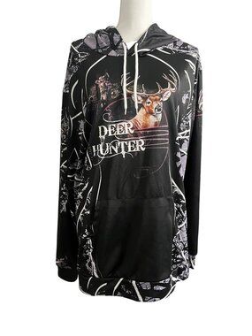 Deer Hunter Black Camo Graphic Pullover Hoodie W/ Front Pocket Unisex XXL